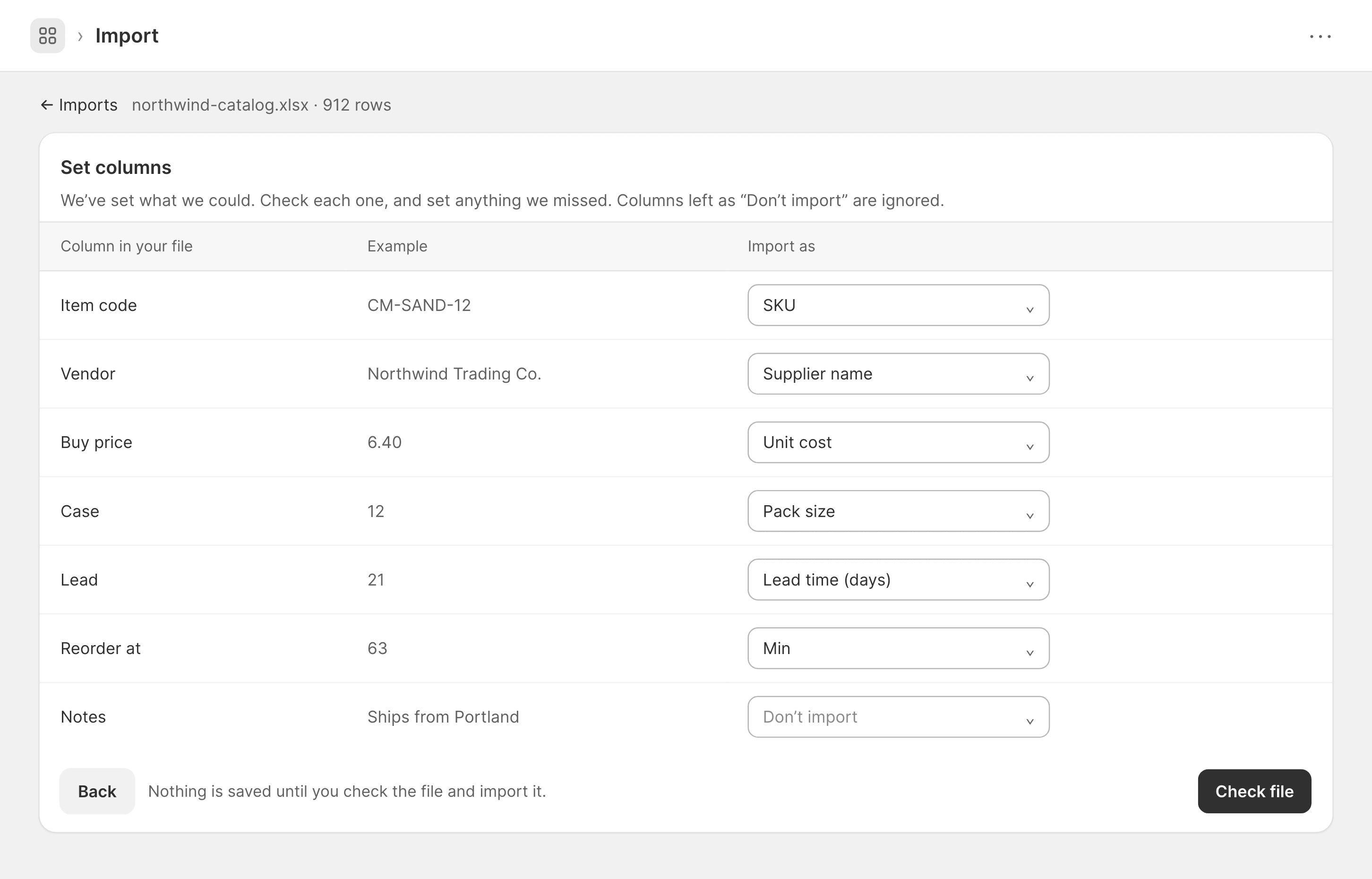 The import screen matching columns from a supplier spreadsheet, such as Item code, Buy price and Lead, to fields in the app like SKU, Unit cost and Lead time.