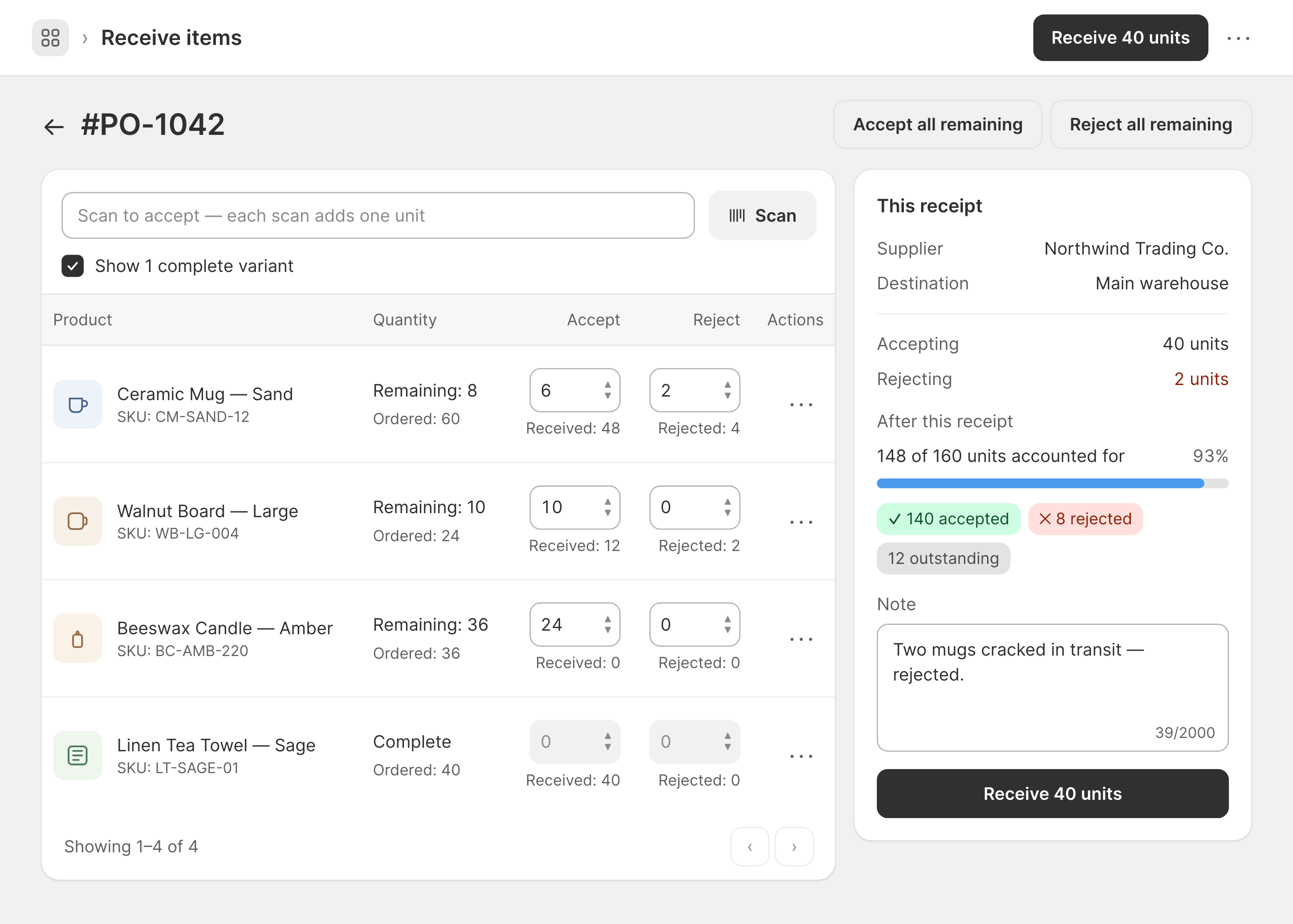 The receiving screen, with accepted and rejected counts entered line by line against an open purchase order.