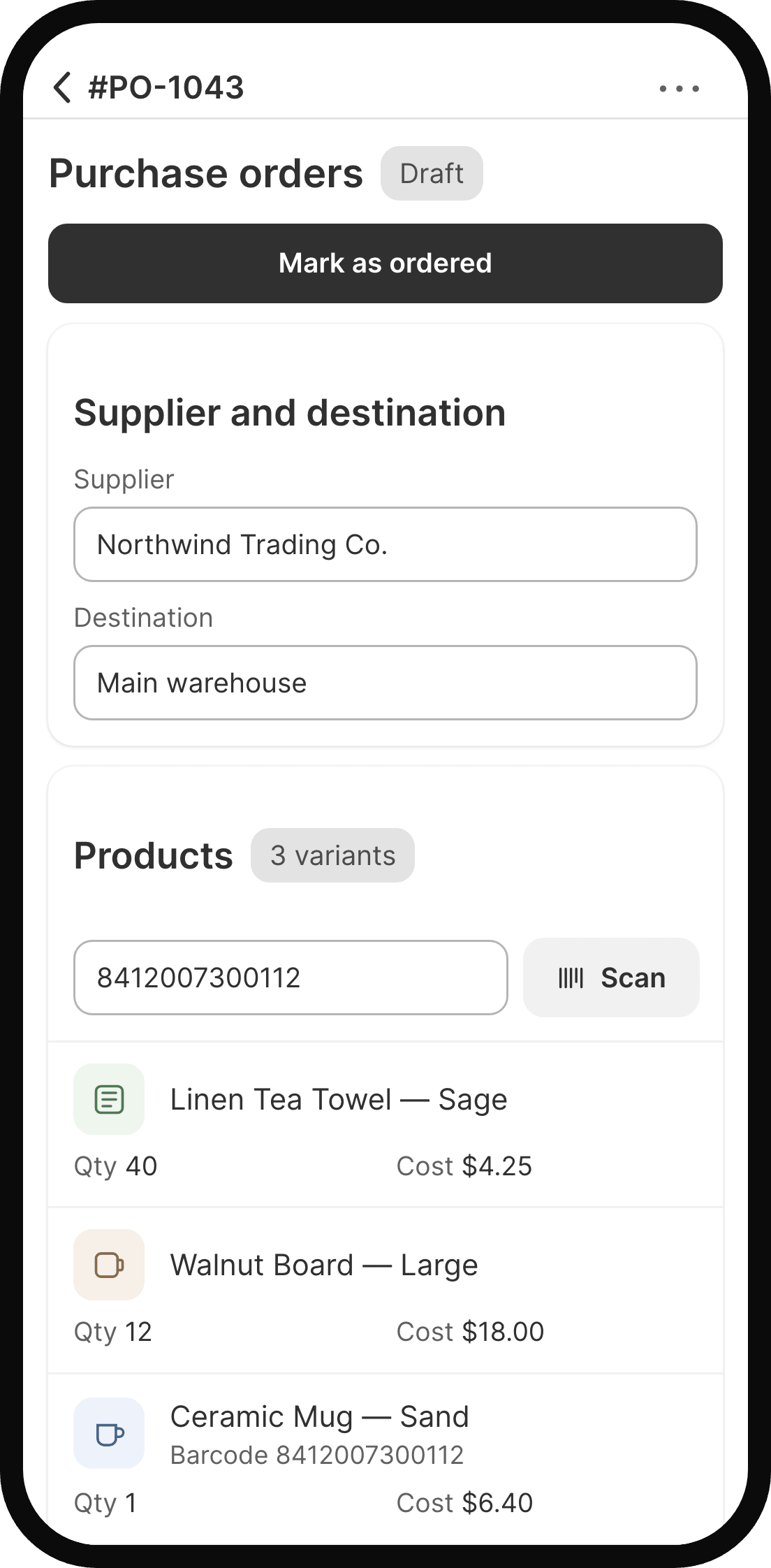 A purchase order open on a phone, with a barcode typed into the scan field and the matching product added to the order below it.